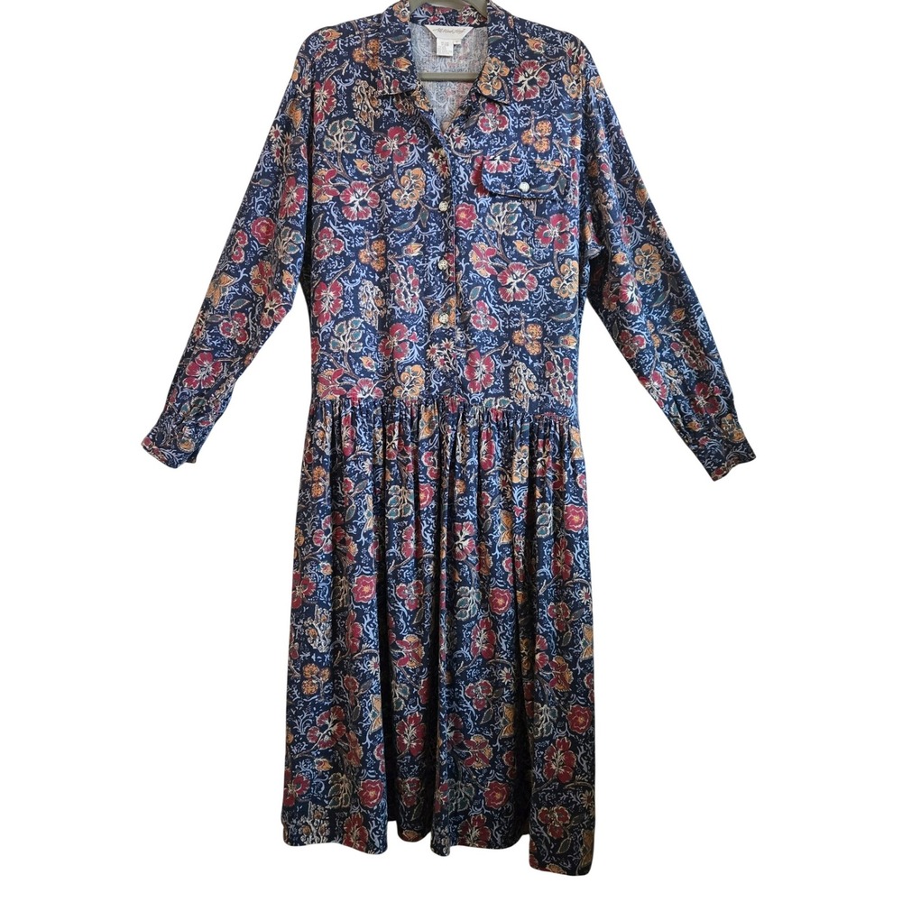 All Week Long Vintage Floral Linen Rayon Midi Dress Navy Red Womens 10 Pockets